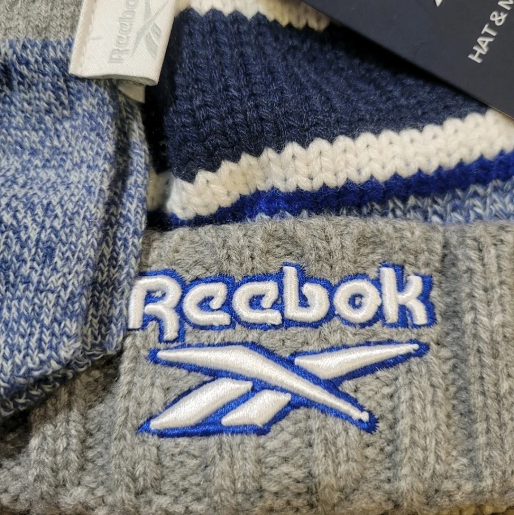 Reebok Infant Baby 6-12 Months Knit Cuffed Beanie & Mittens Set Logo NEW